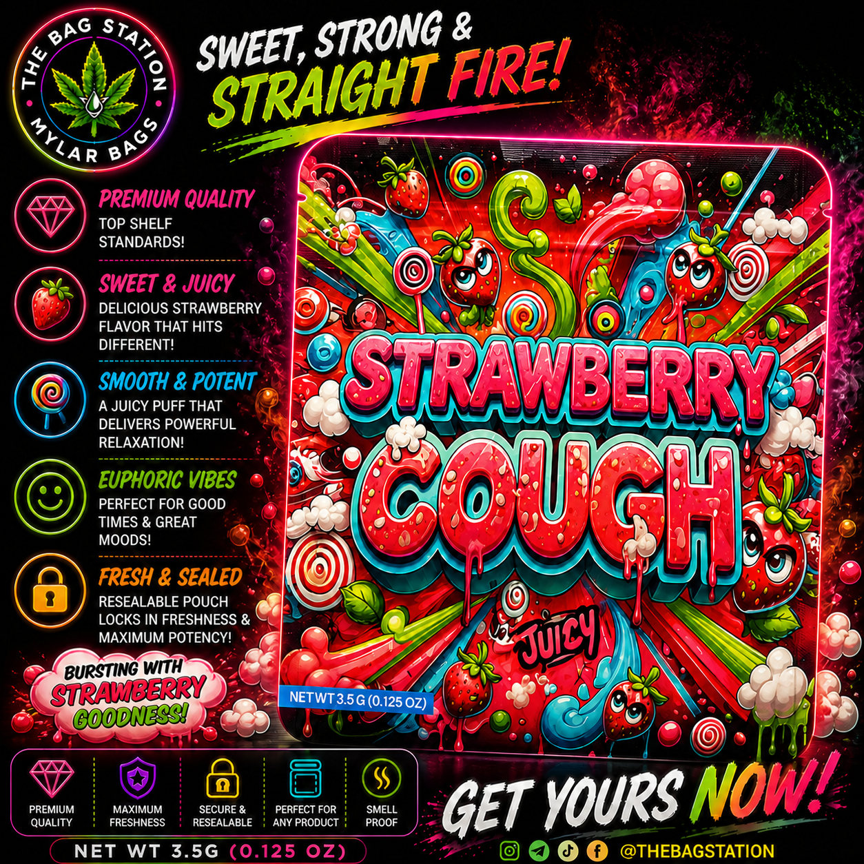 Strawberry Cough Mylar Bags – Premium Smell Proof Packaging